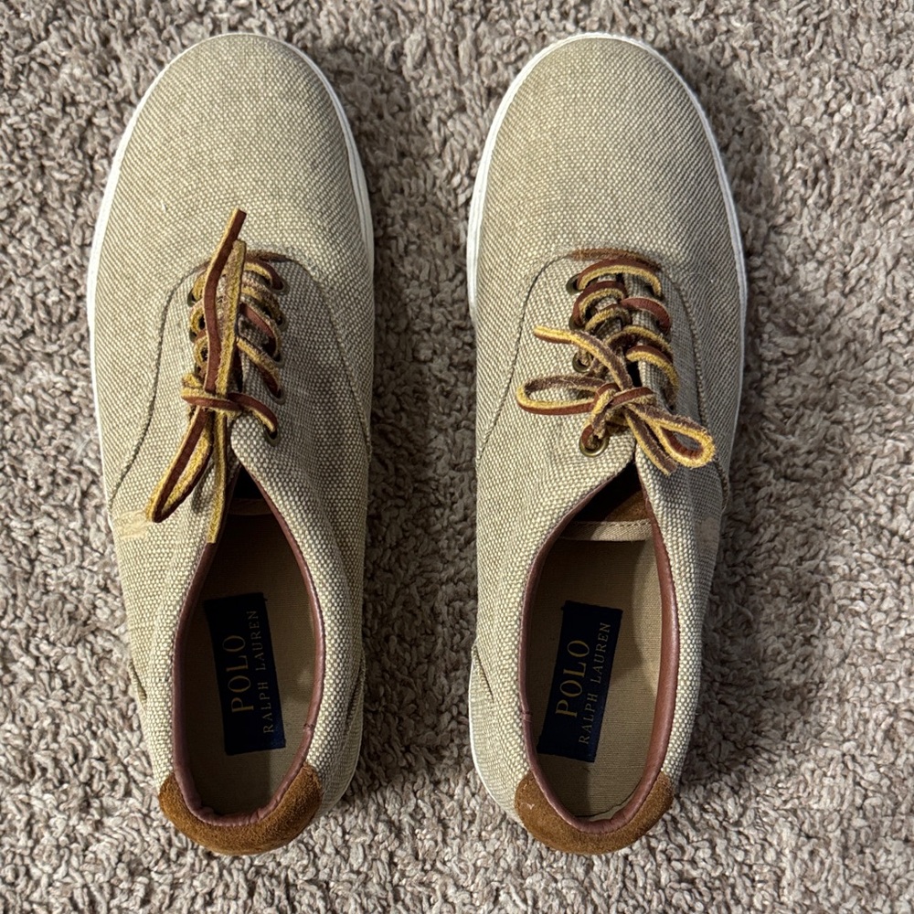 Polo by Ralph Lauren Men’s Tan Canvas Low-Top Sneakers with Brown Accents